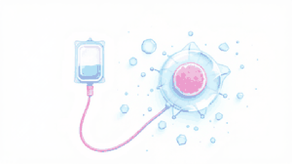 a medical IV drip bag connected by tubing to a rounded cell, gentle protective molecules forming a clear shield around the cell, keeping sharp ice shapes out