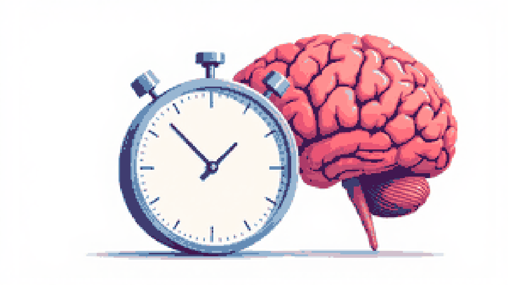 a large stopwatch in the foreground racing beside a stylized brain, a downward arrow of time pressure, urgent but clean
