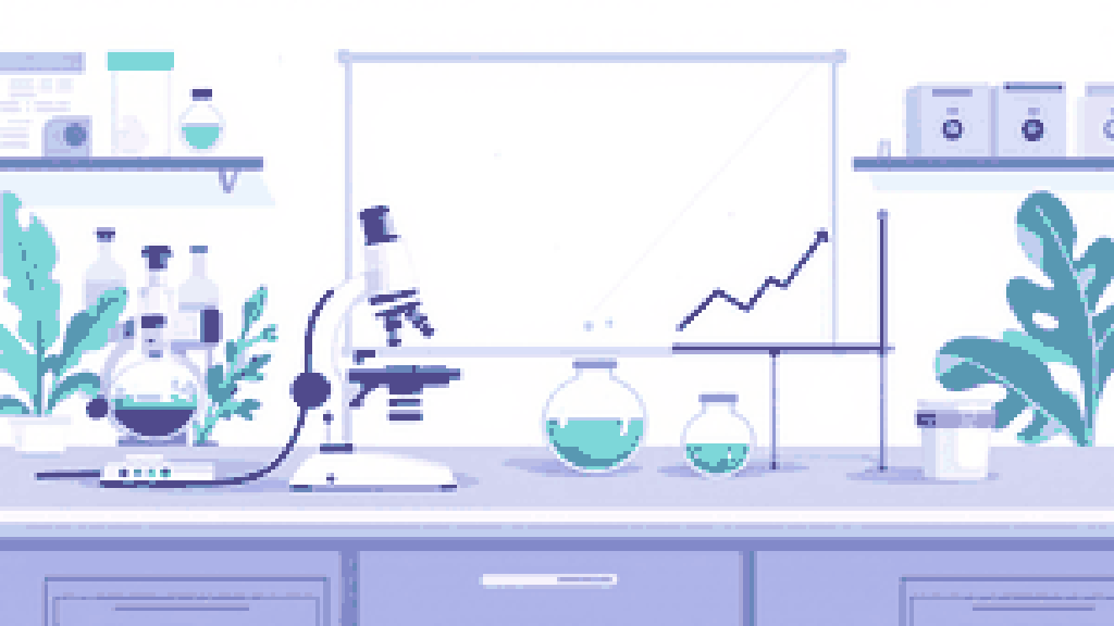 un plan de travail de laboratoire à l'ambiance conviviale, équipé d'un microscope, de béchers contenant une solution bleu pâle et d'un petit graphique linéaire à tendance ascendante posé sur un support, donnant le sentiment d'un progrès scientifique constant