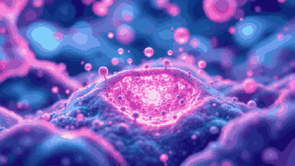 tiny friendly nanobots, like small rounded molecular machines, gently repairing the inside of a cell at atomic scale