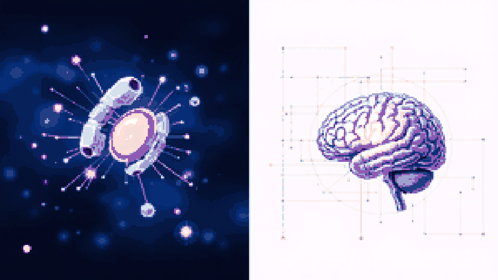 two side-by-side panels: on the left tiny molecular repair machines mending a cell, on the right a brain being scanned by a soft grid of light and reconstructed
