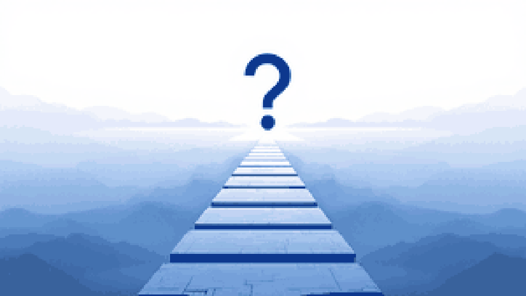 a long horizontal timeline arrow fading into a misty horizon with a large question mark hovering over the far end