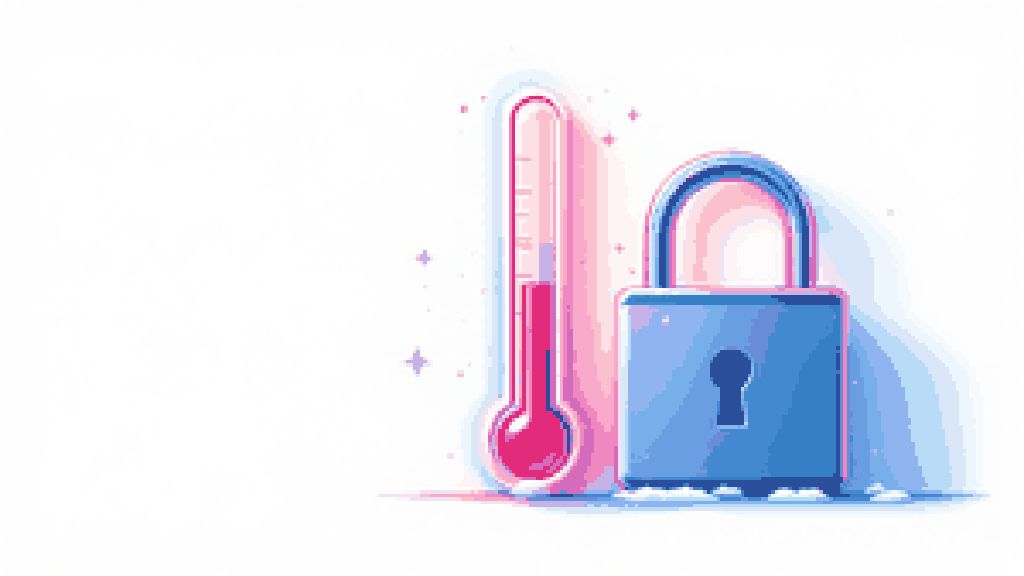 a thermometer rising from deep cold toward warm, beside a closed padlock, suggesting the hard problem of rewarming and unlocking