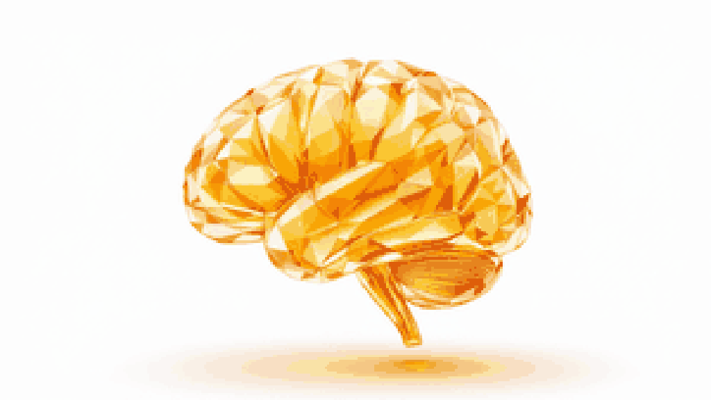a translucent amber glass-like human brain shape, smooth and solid with no ice crystals, light passing cleanly through it