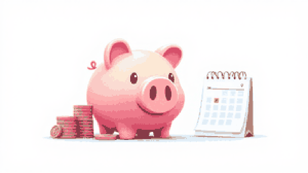 A piggy bank beside stacked coins and a small blank calendar grid, representing pre-arranged funding set up in advance.