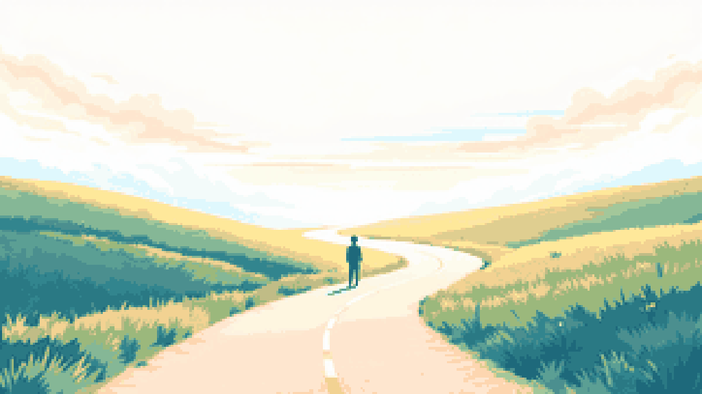 Una pequeña figura solitaria de pie en una bifurcación de un camino sinuoso; dos senderos que se separan suavemente bajo un cielo tranquilo y despejado.