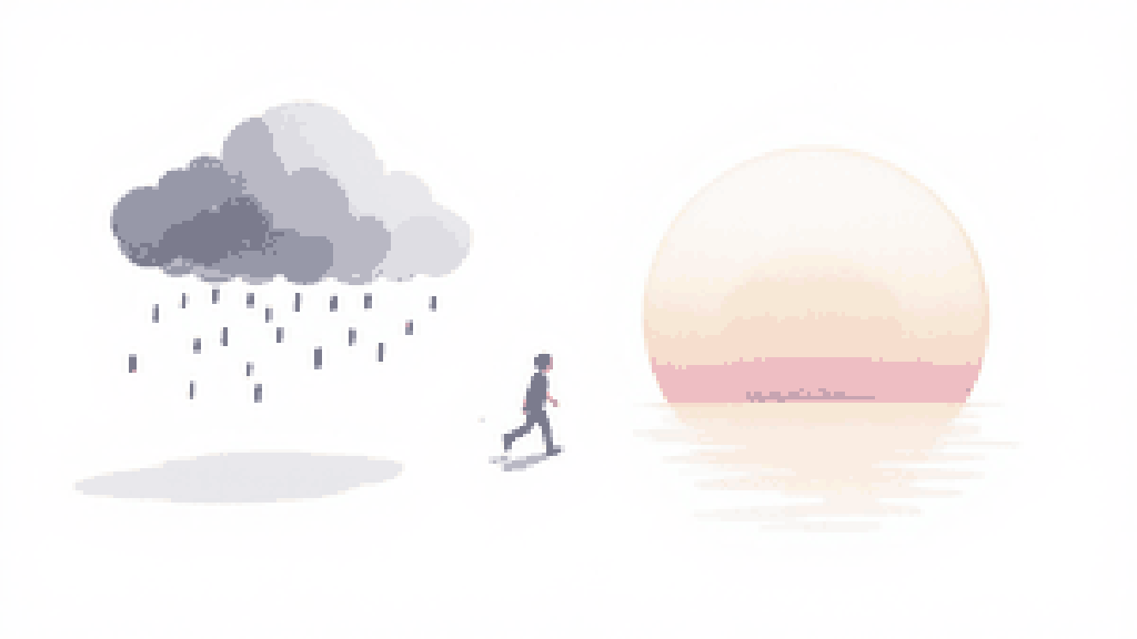 A small figure walking away from a soft grey rain cloud toward a warm pastel sunrise on the horizon