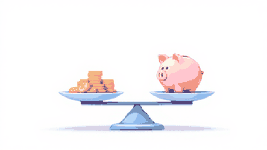 A balance scale weighing a stack of coins against a piggy bank, evenly balanced