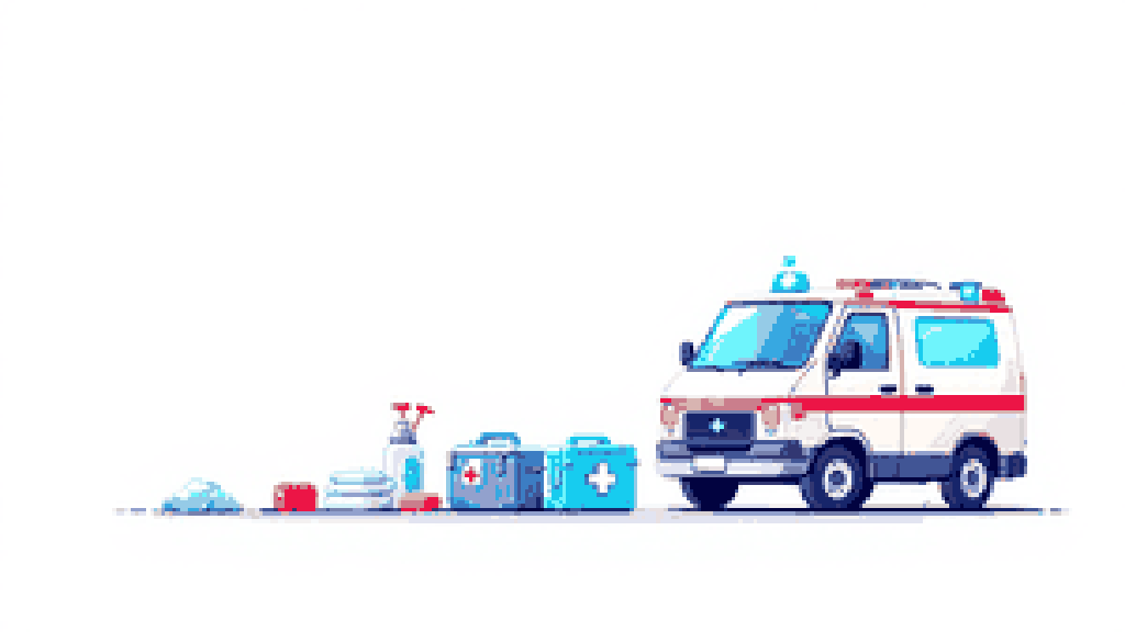 A small ambulance beside a medical cooler box and an ice pack, representing the standby team that cools and stabilizes a patient.