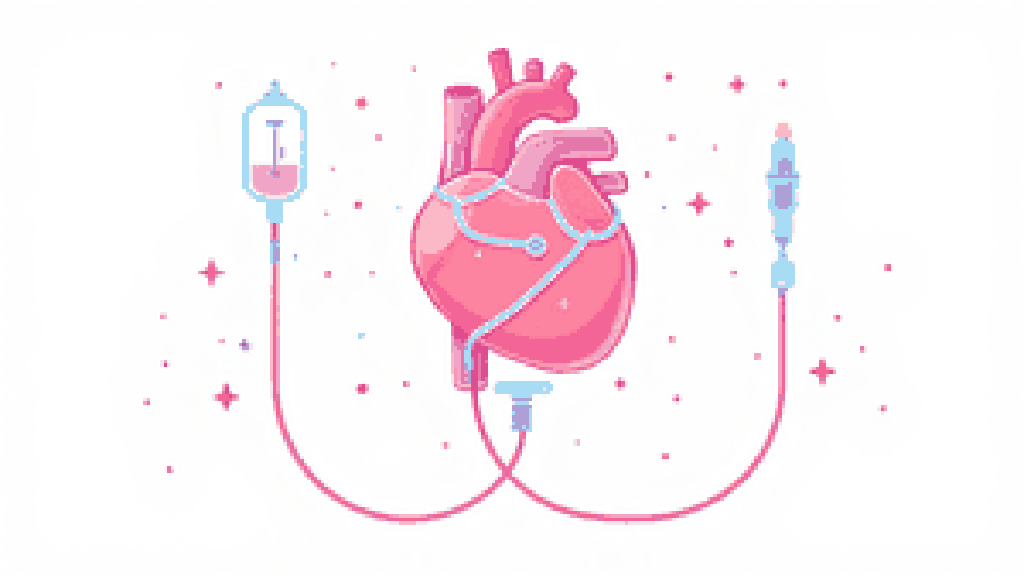 Medical perfusion tubing connected to a rounded heart shape with gentle flowing fluid, representing cryoprotectant replacing the body water.