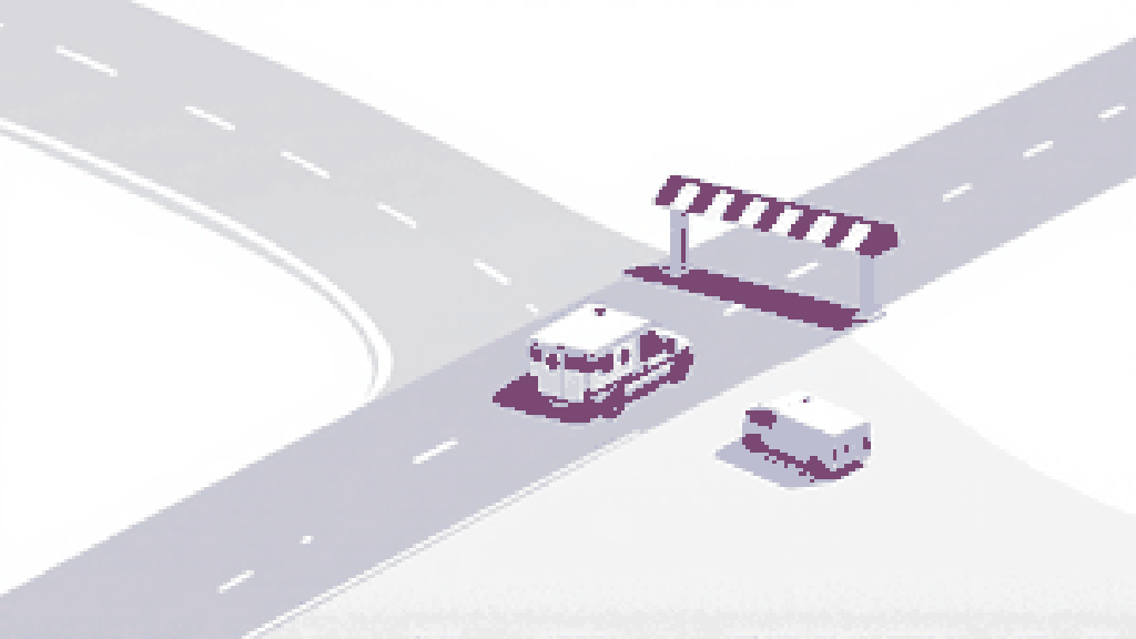 A small ambulance driving along a road toward a striped border barrier