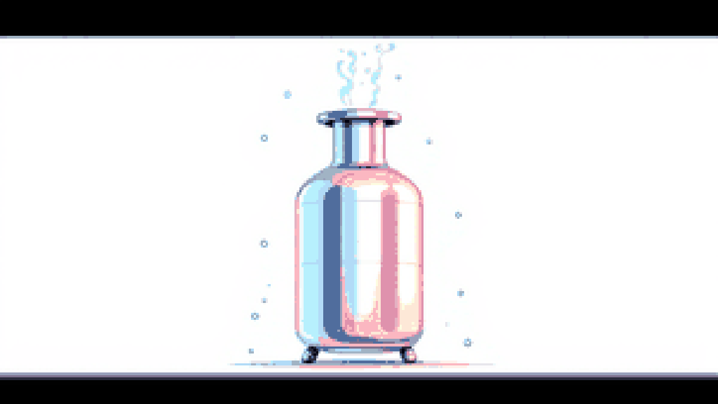 A tall steel vacuum storage flask with cold white vapor spilling over its rim
