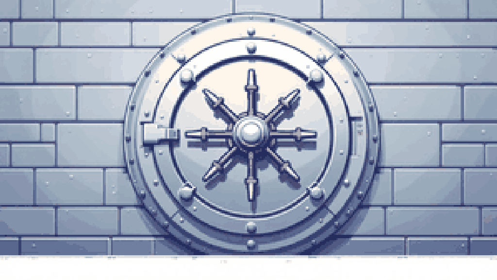 A sturdy closed steel bank vault door with a heavy spoked handle
