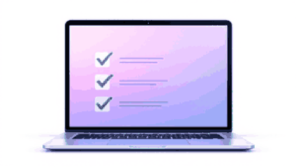 A laptop showing a short checklist with green checkmarks, representing a quick online sign-up