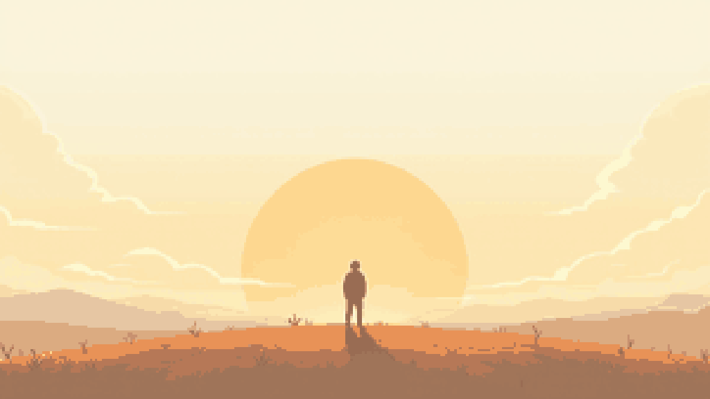 Eine einzelne, rundliche menschliche Gestalt, die unter einem weiten, ruhigen Himmel steht und auf einen strahlenden Sonnenaufgang am Horizont blickt