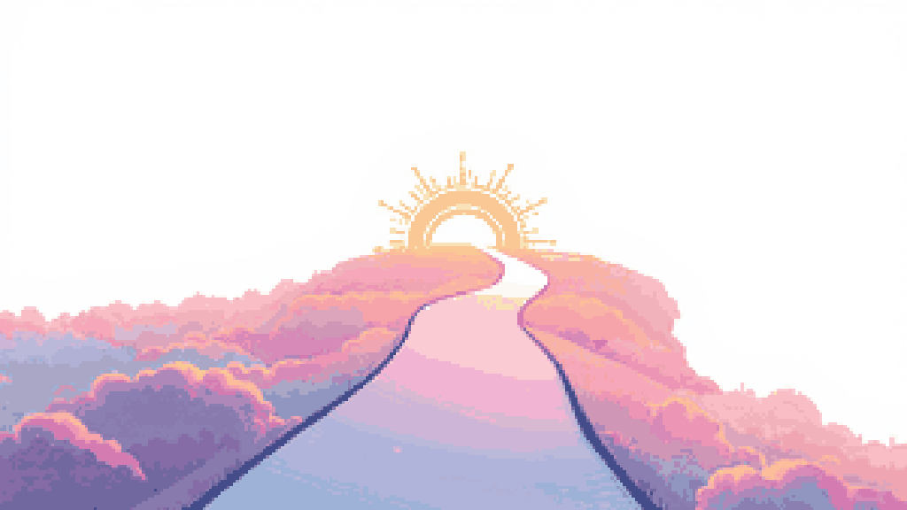 A winding path leading toward a warm sunrise over the horizon, a heart resting beside the path