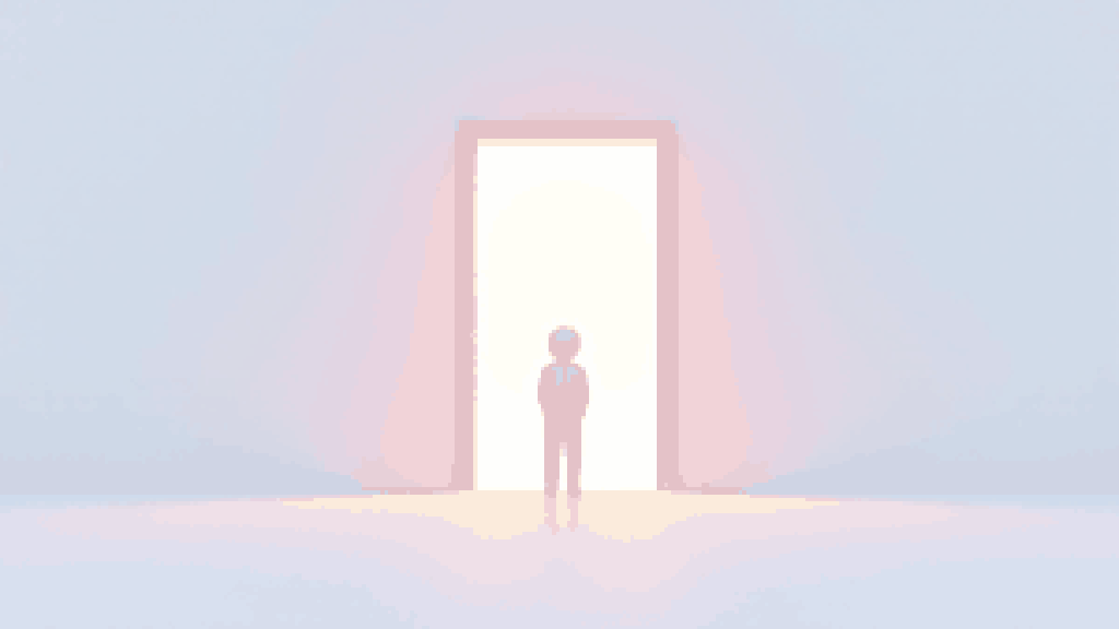 A small human figure standing calmly before a single open doorway glowing with soft light