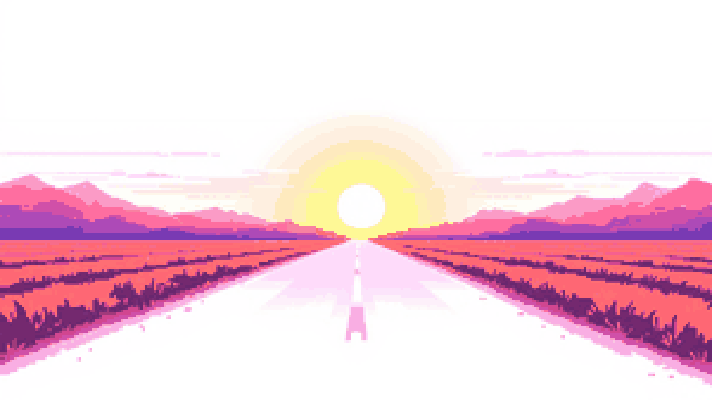 A bright warm sunrise glowing over a distant horizon with a single open road leading toward it