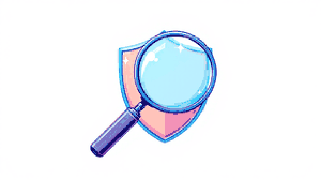 A magnifying glass examining a protective shield, symbolising scrutiny of the operator behind the promise.