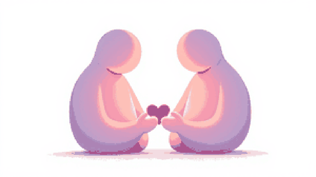 Two or three rounded human figures standing warmly close together, gently cupping a small glowing heart of light between them