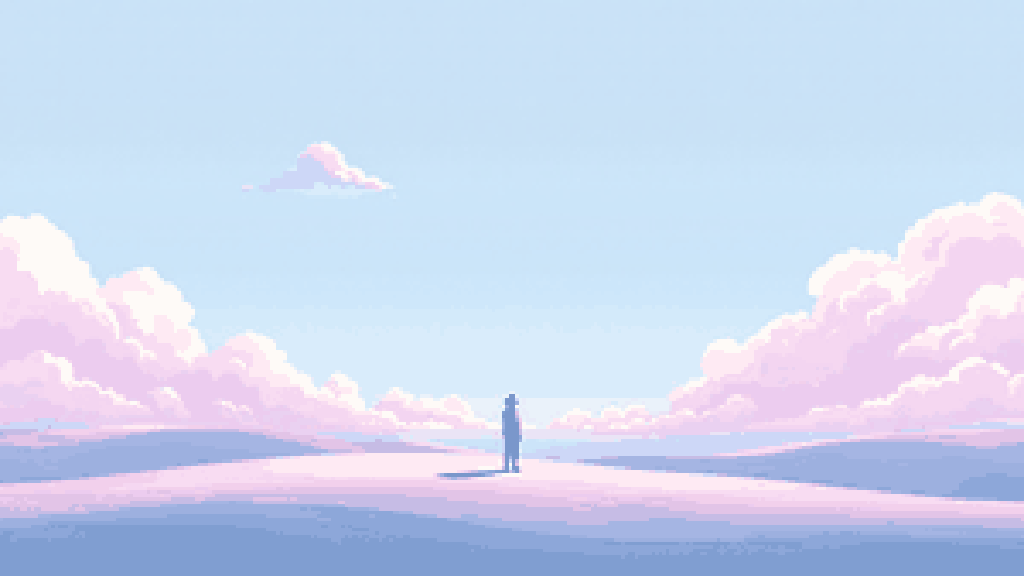 A single small figure standing alone beneath a vast calm open sky
