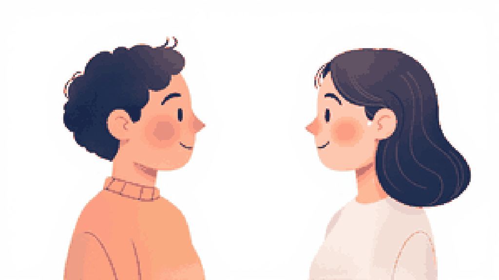 Two rounded figures facing each other in a calm, warm conversation.