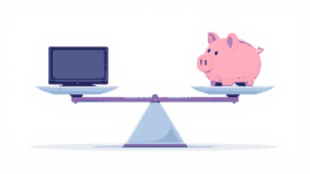 A balance scale weighing a small television screen against a piggy bank