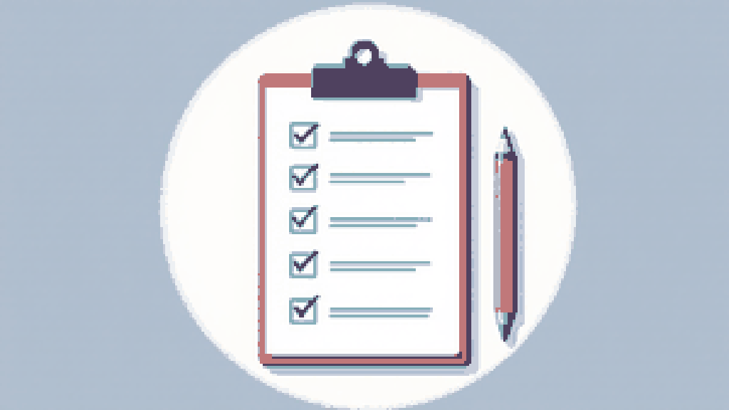 A clipboard checklist with rows marked by green checkmarks and a pen