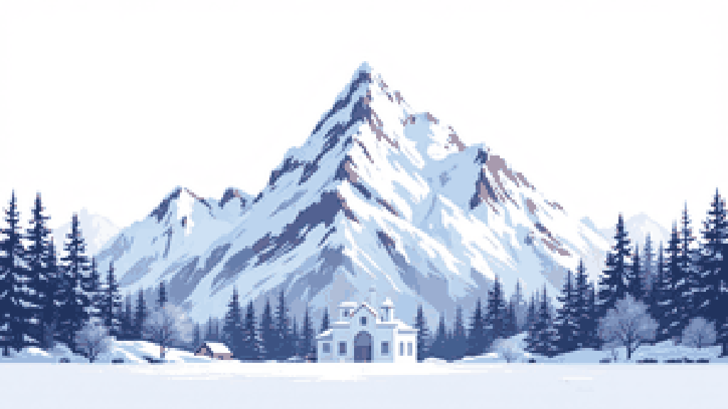A snow-capped alpine mountain with a clean modern building at its base