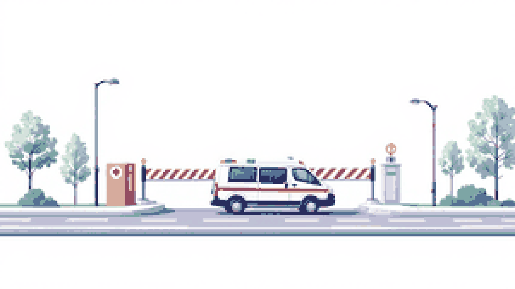 A small medical ambulance van crossing a simple curved road toward a raised border barrier