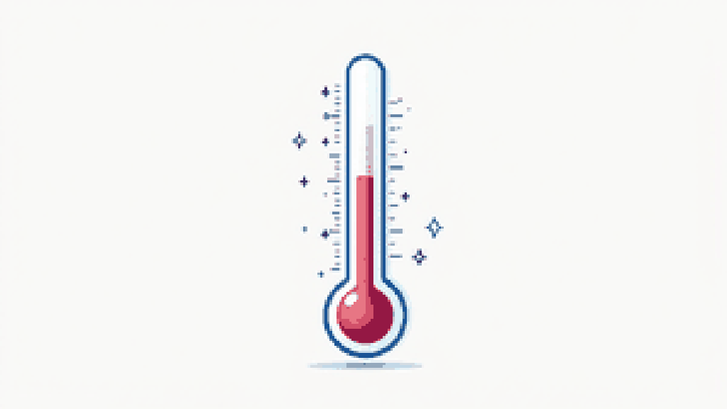 A tall thermometer with a downward arrow beside it and soft cold white vapor