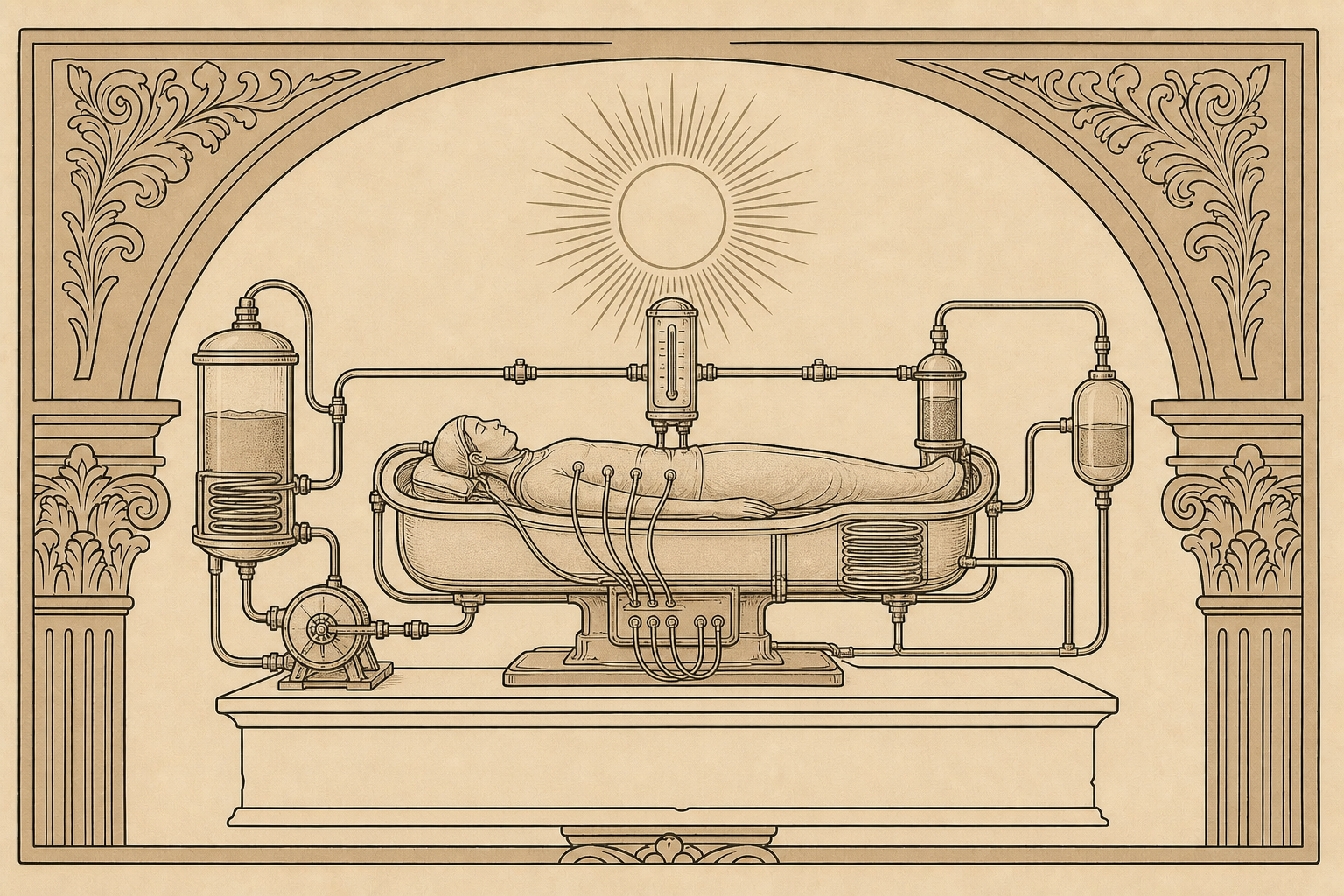 Antique medical engraving of a patient connected to an integrated perfusion, monitoring and controlled-cooling system.