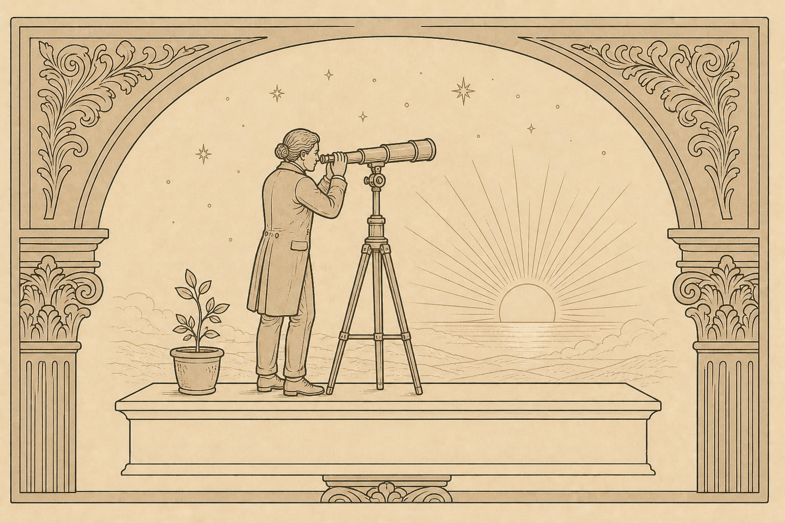 Antique engraving of a person looking through a telescope toward a bright horizon, expressing love of life and curiosity about the future.