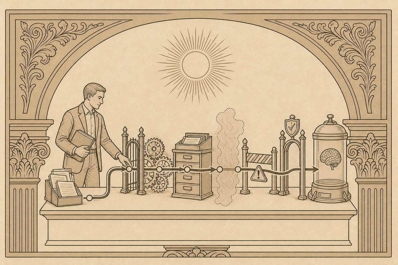 Antique engraving of a person navigating documents, gates and regulatory machinery along a planned route to cryopreservation.