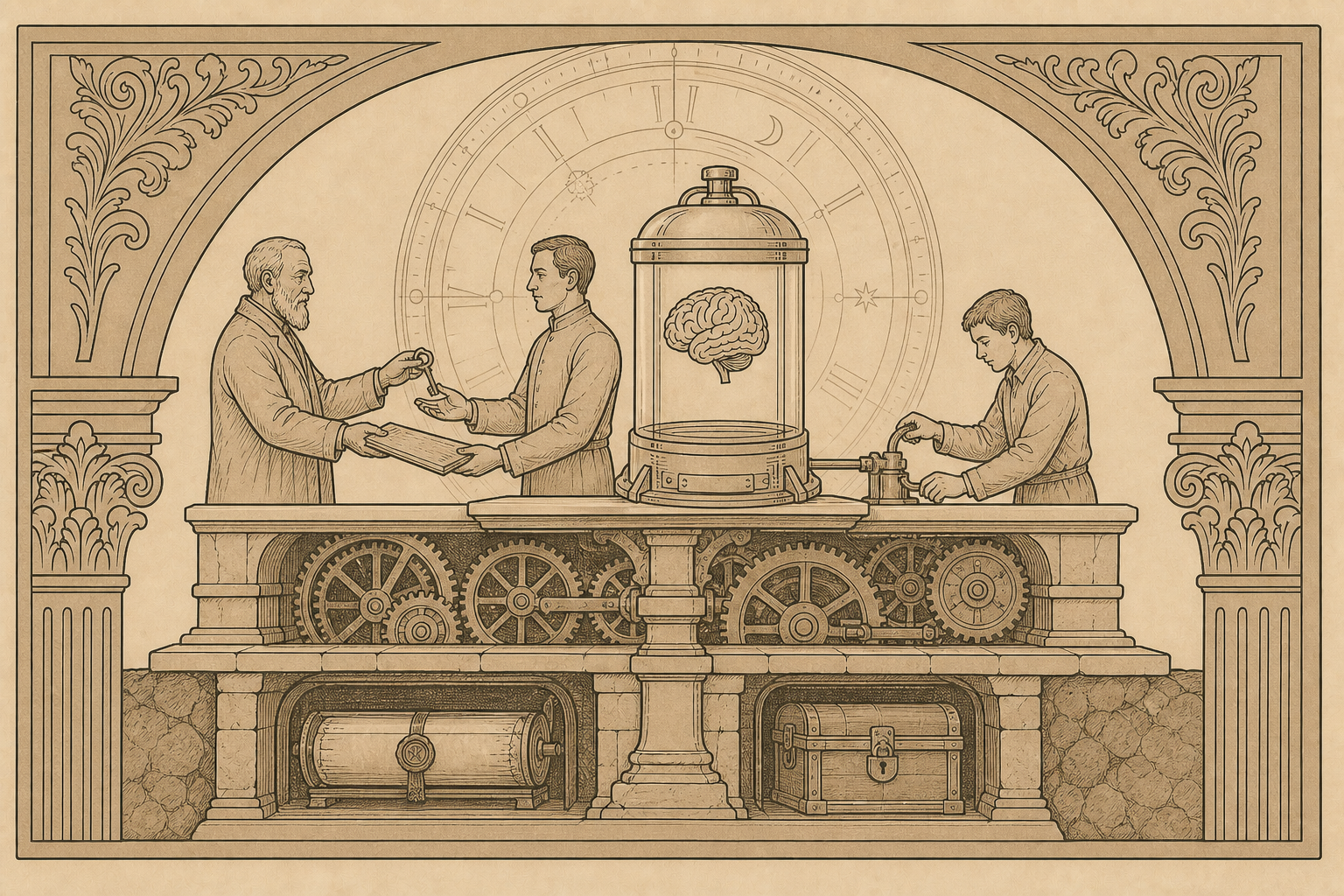 Antique engraving of successive generations maintaining a protected cryogenic patient system supported by durable institutions and reserves.