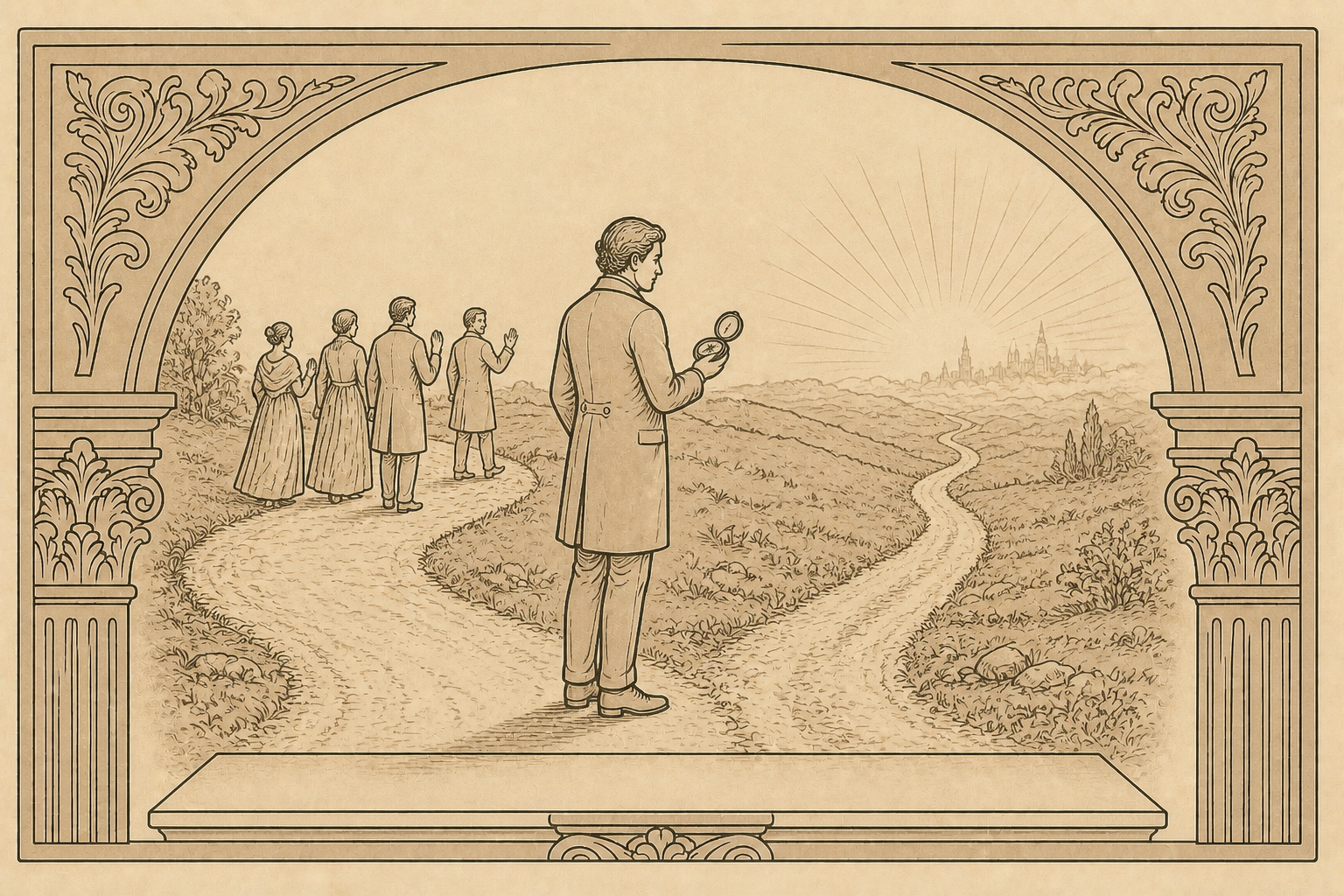 Antique engraving of a person consulting a compass while choosing an independent path toward an unfamiliar future.