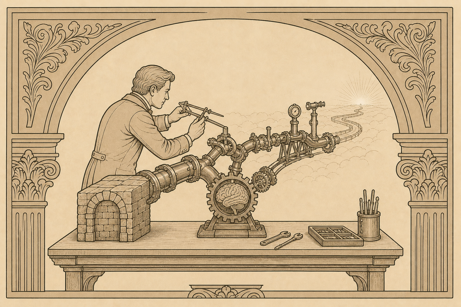 Antique engineering illustration contrasting a certain dead end with an uncertain but repairable path that continues.