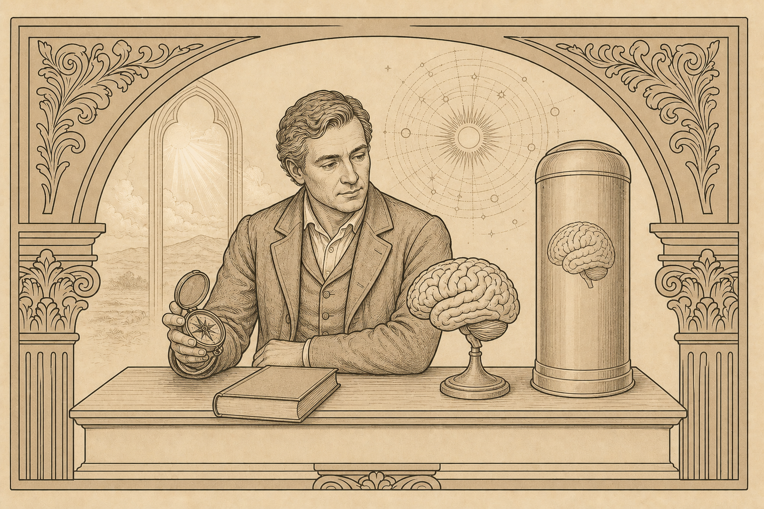 Antique engraving of an adult considering personal values, consciousness and biostasis within one coherent worldview.