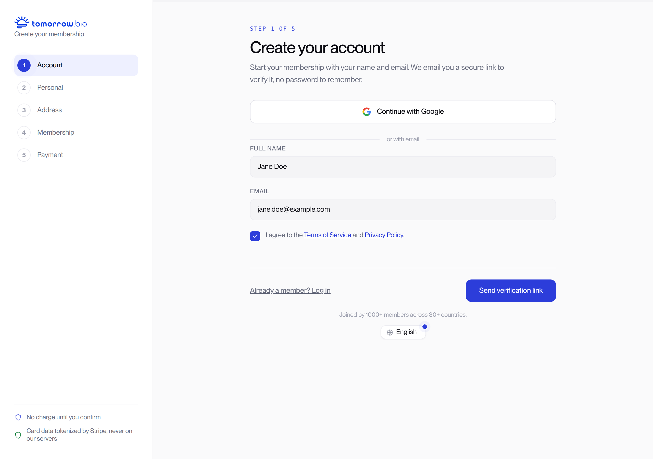 Tomorrow.bio signup form showing name, email and the verification-link step