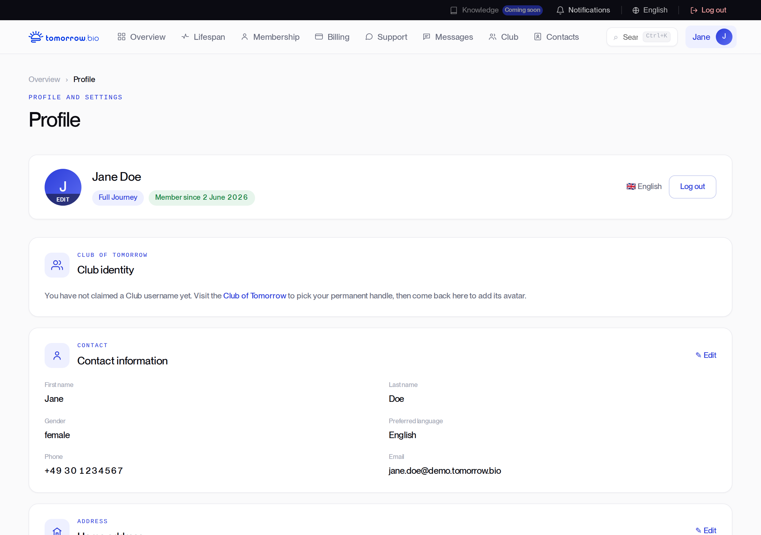 Memberzone profile page with identity and contact information