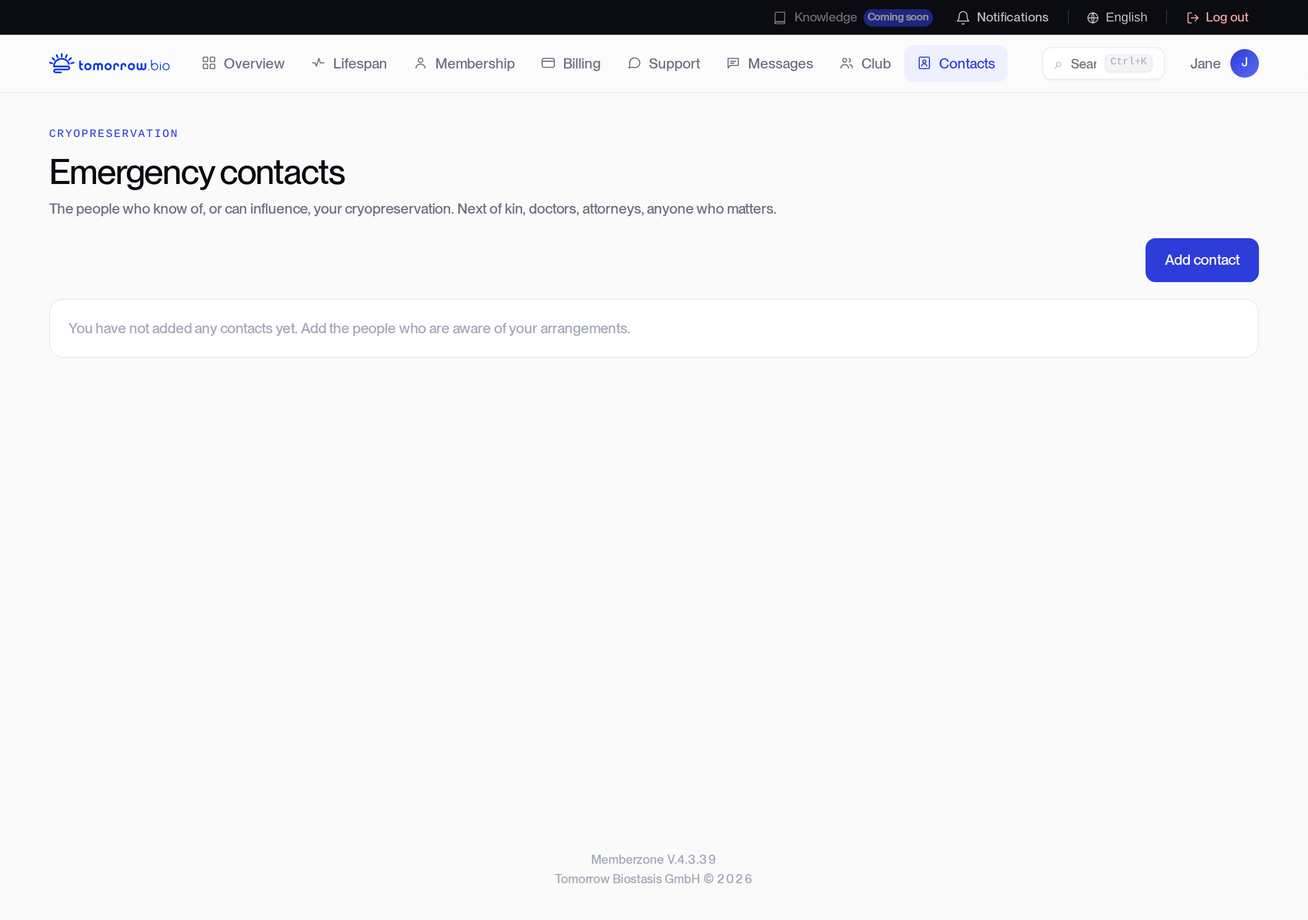 Memberzone emergency contacts page