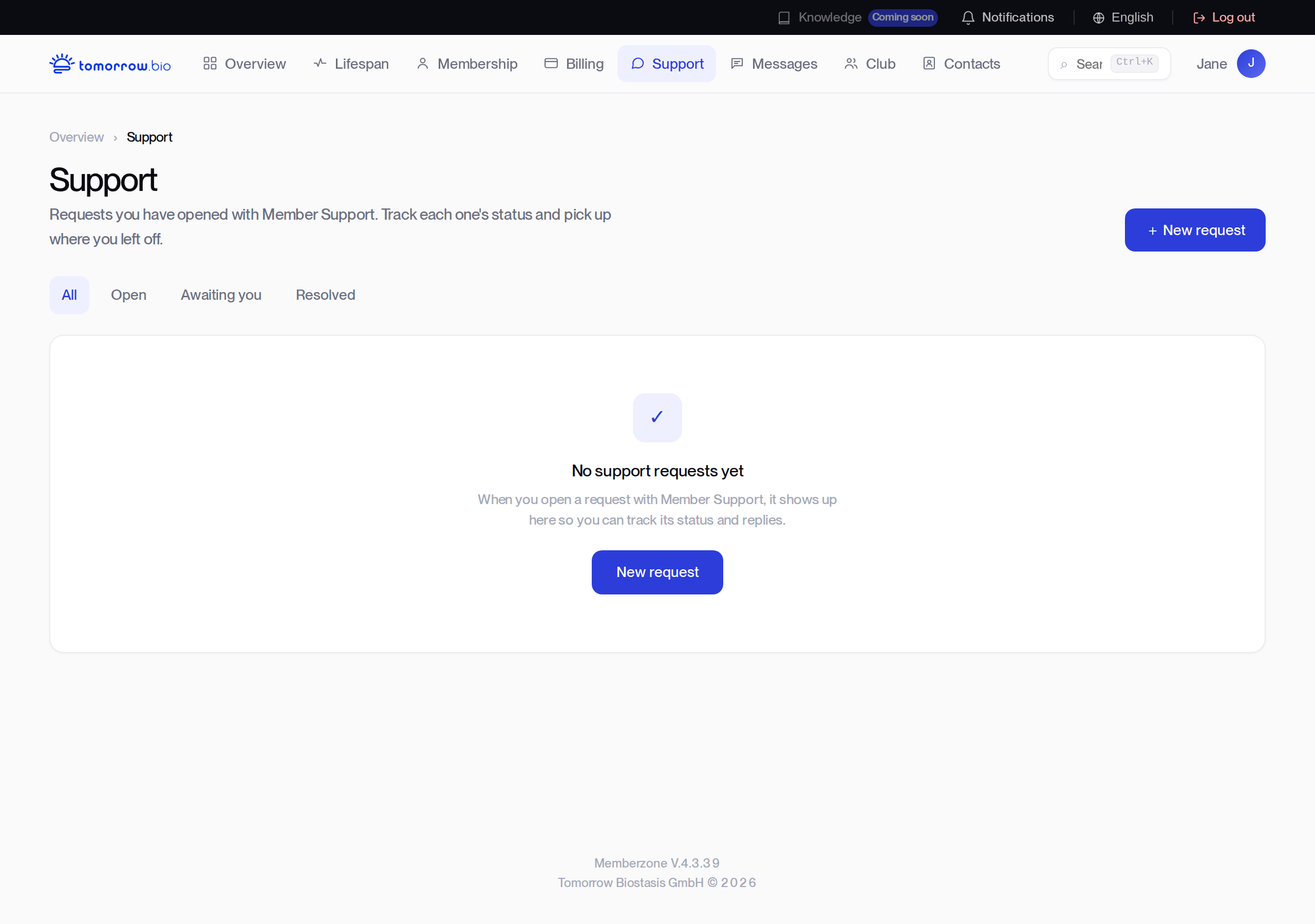 Memberzone support page for creating and tracking requests