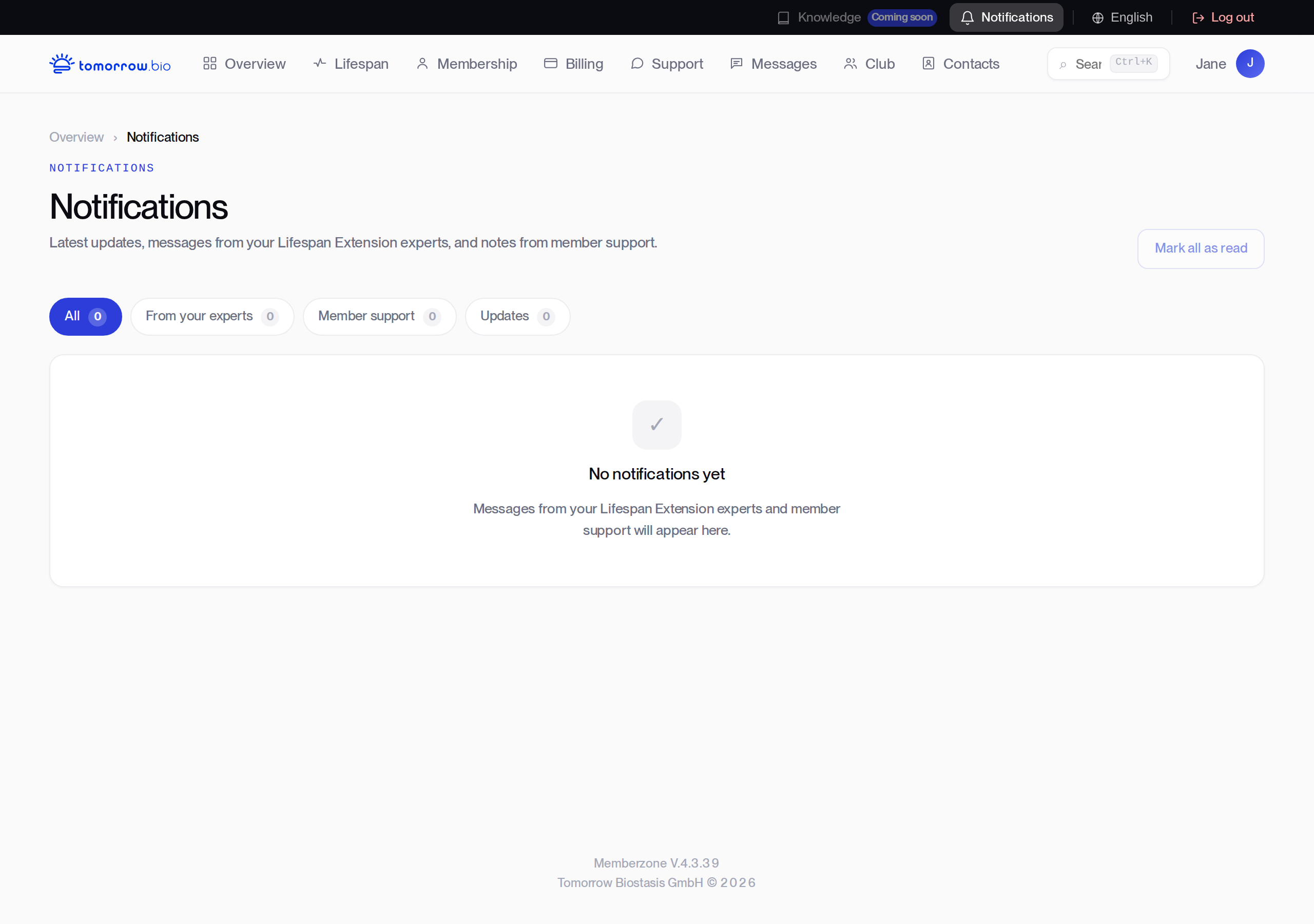 Memberzone notifications page
