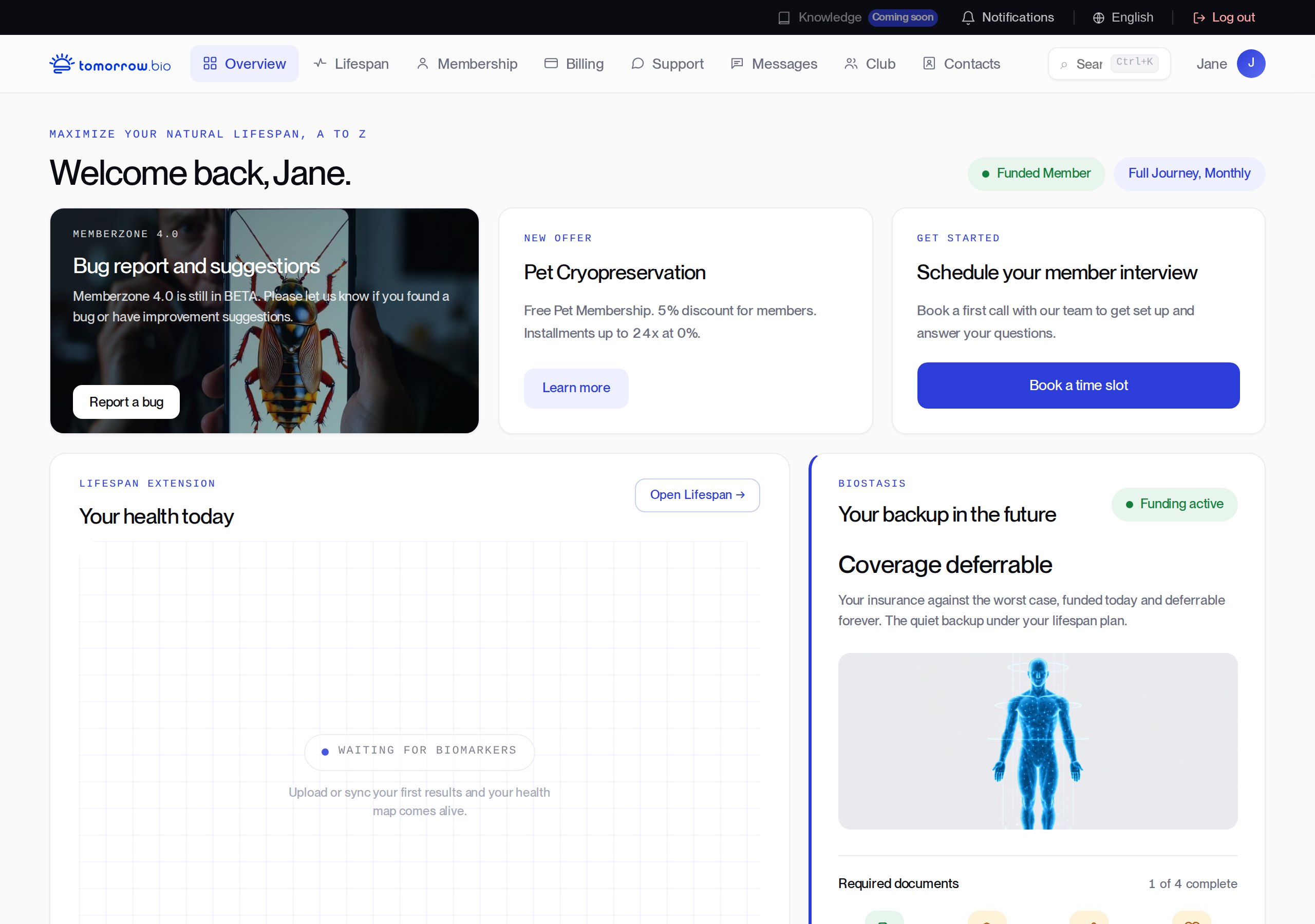 Memberzone overview showing membership, health, documents and consultation cards
