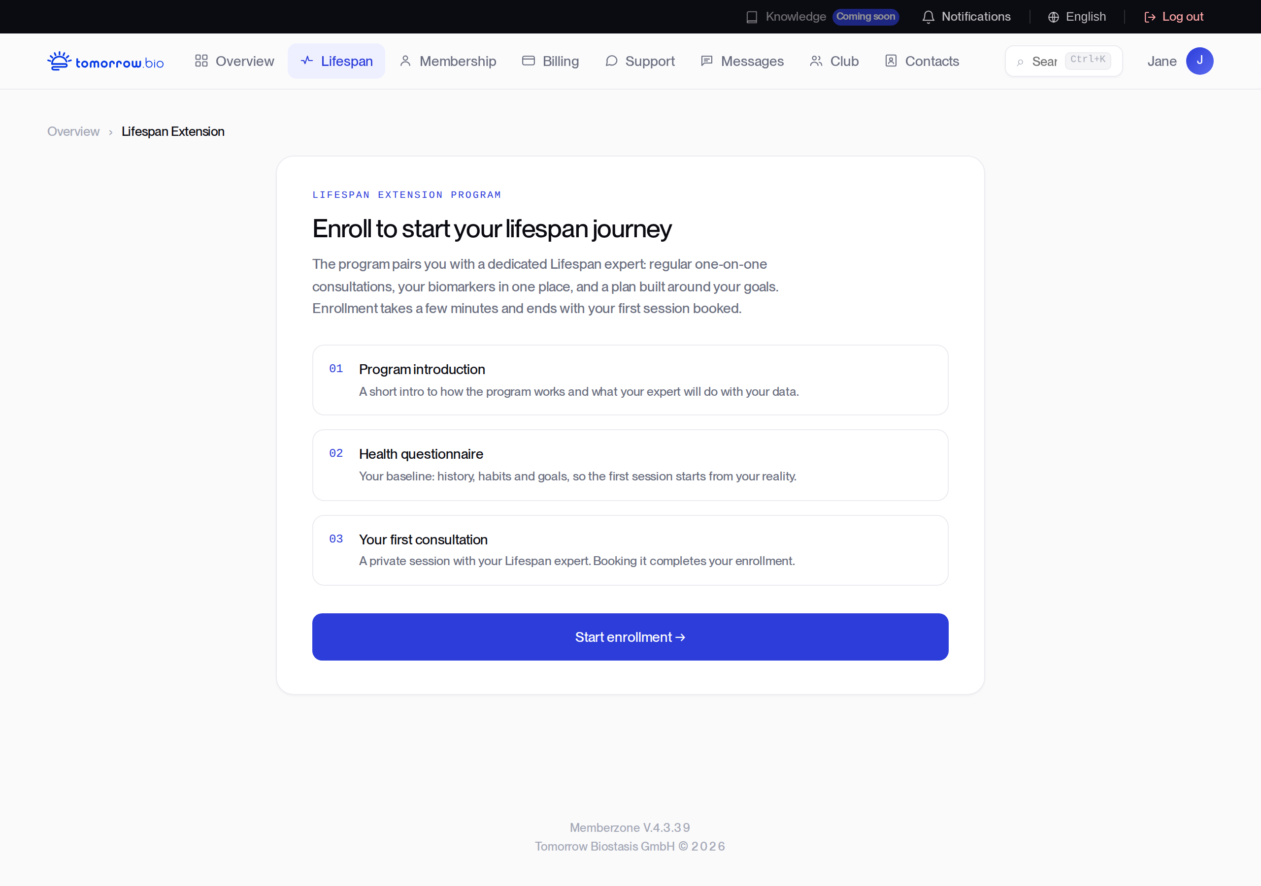 Memberzone enrollment screen for the Lifespan Extension programme