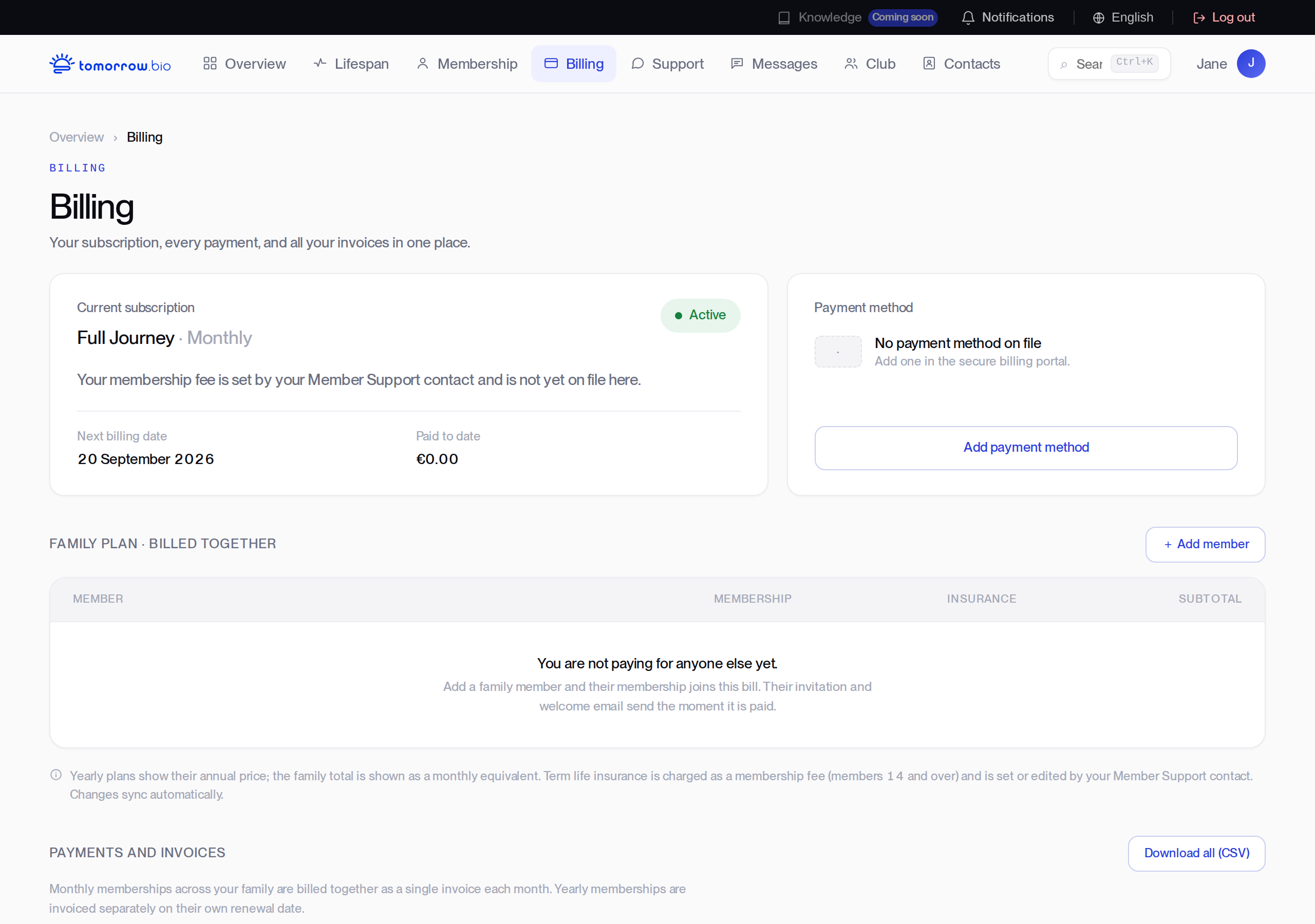 Memberzone Billing page showing the membership plan, payment method and invoices