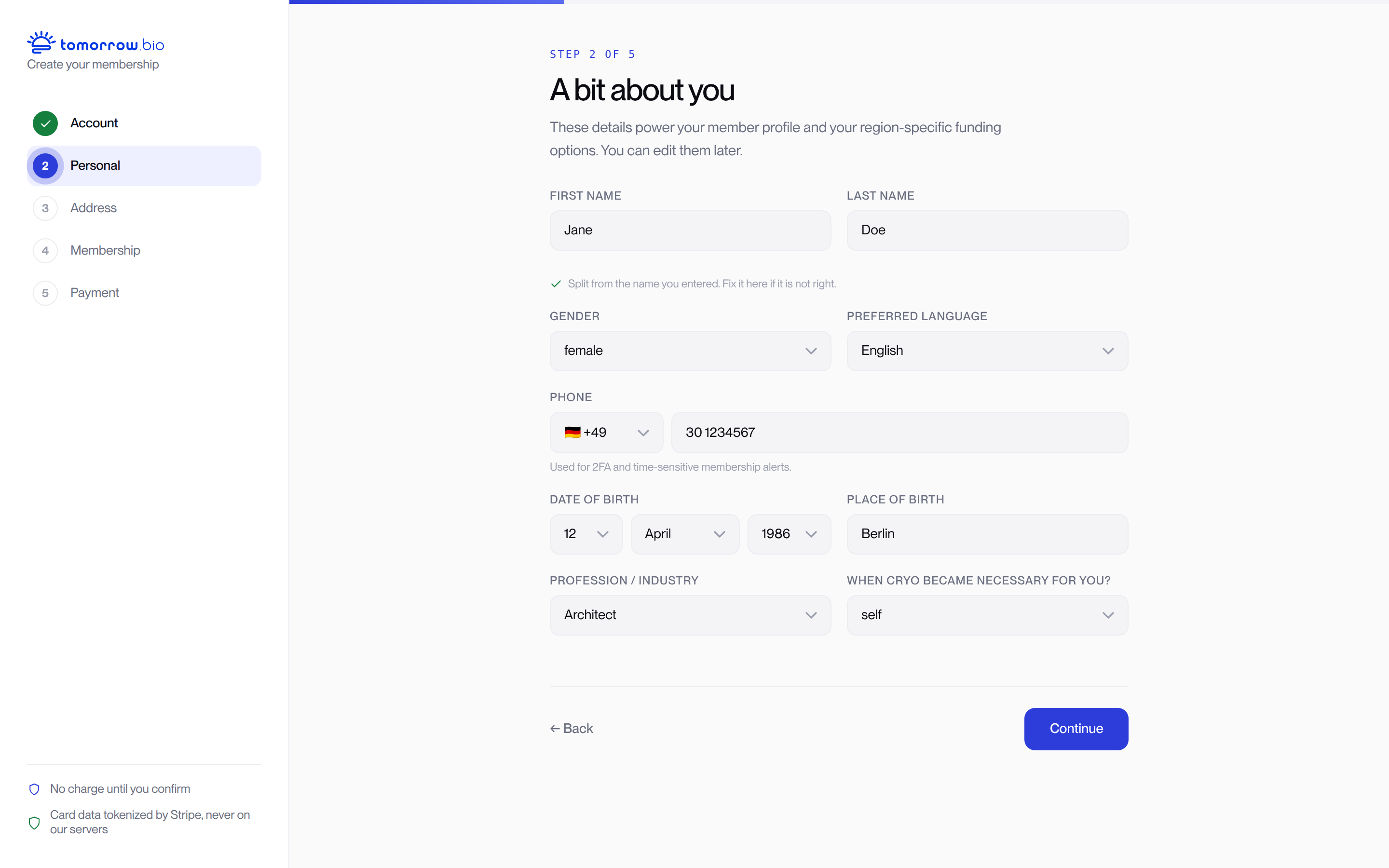 Memberzone signup, step 2 of 5: enter personal details