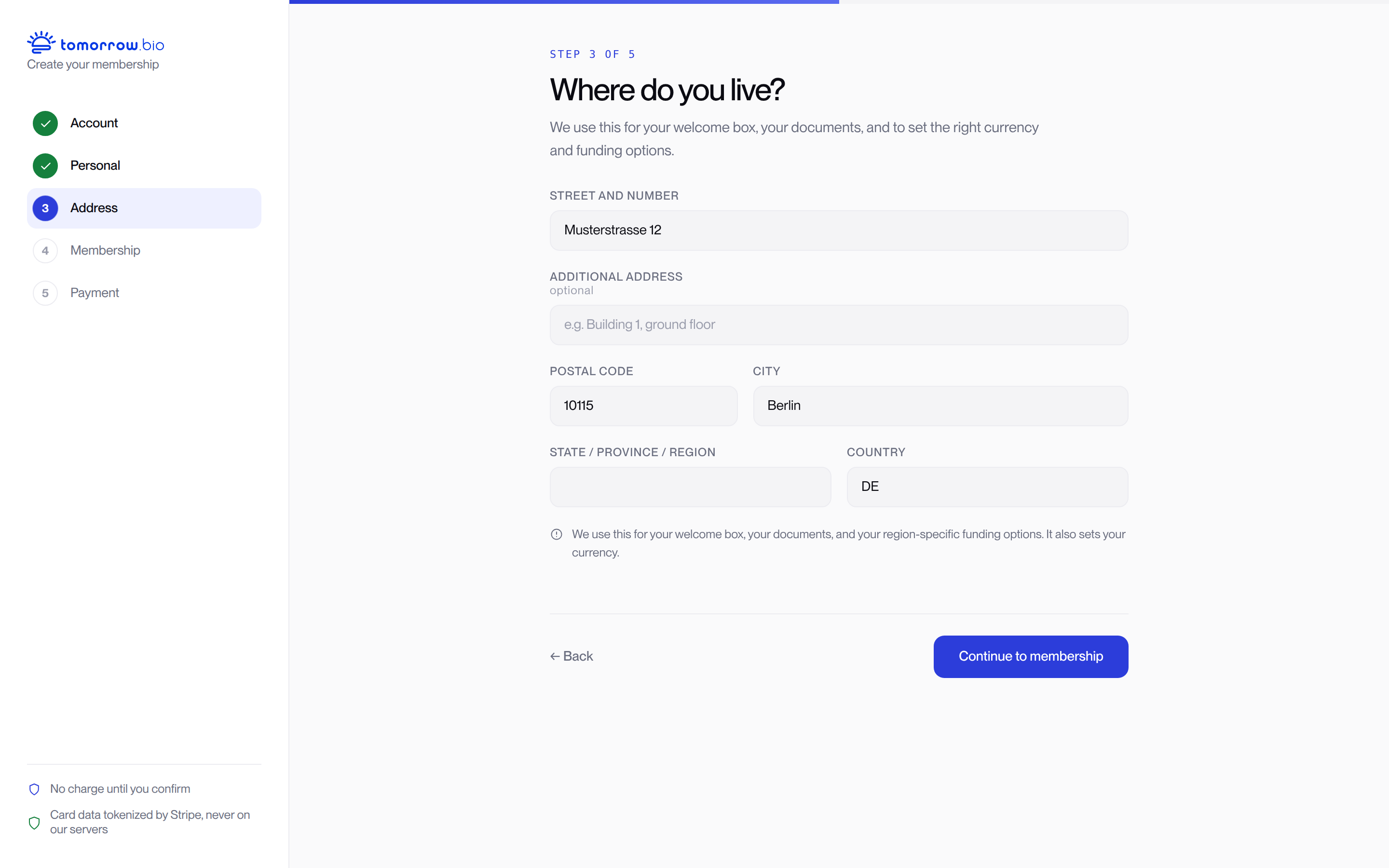 Memberzone signup, step 3 of 5: enter your address