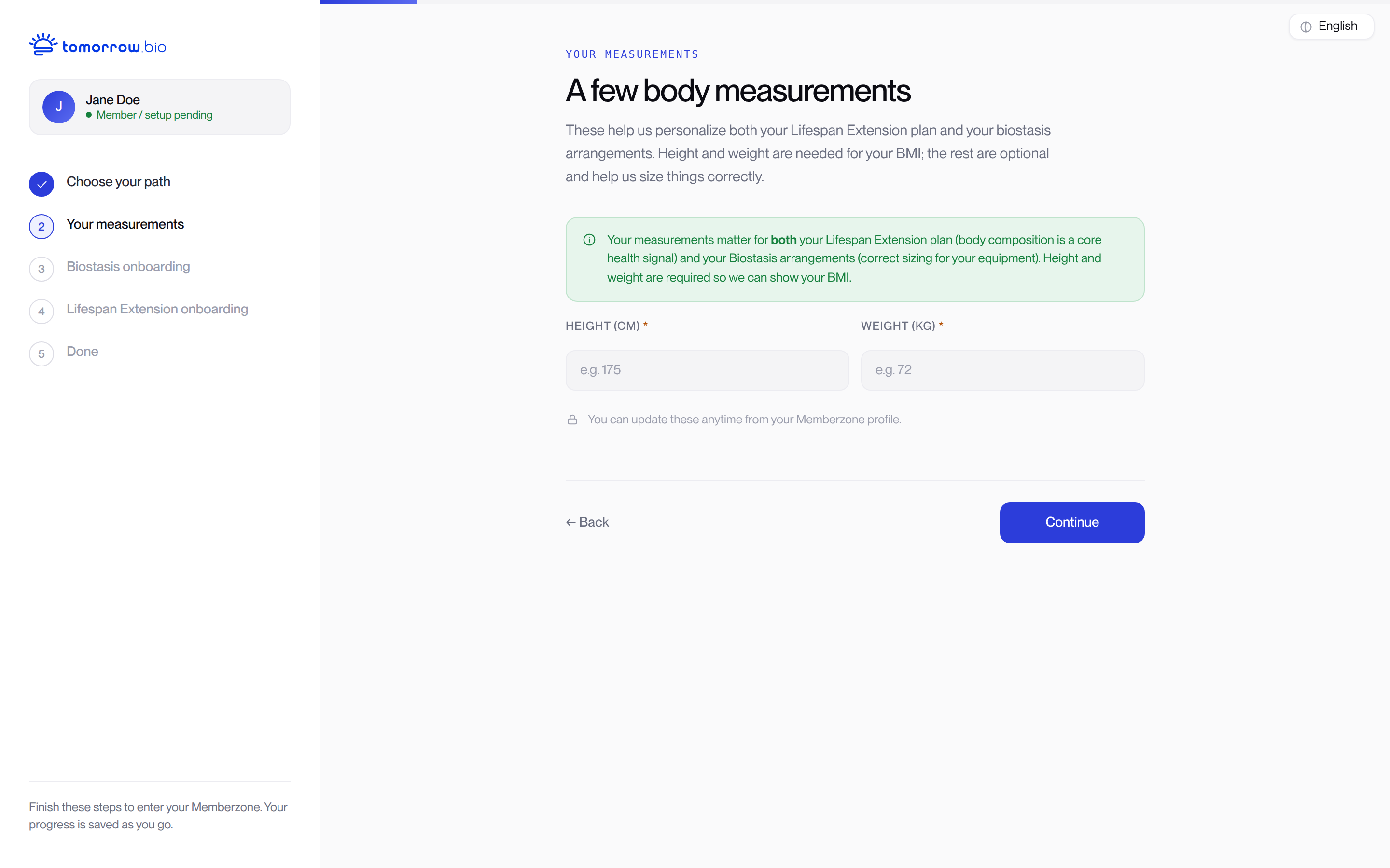 Memberzone onboarding: enter body measurements