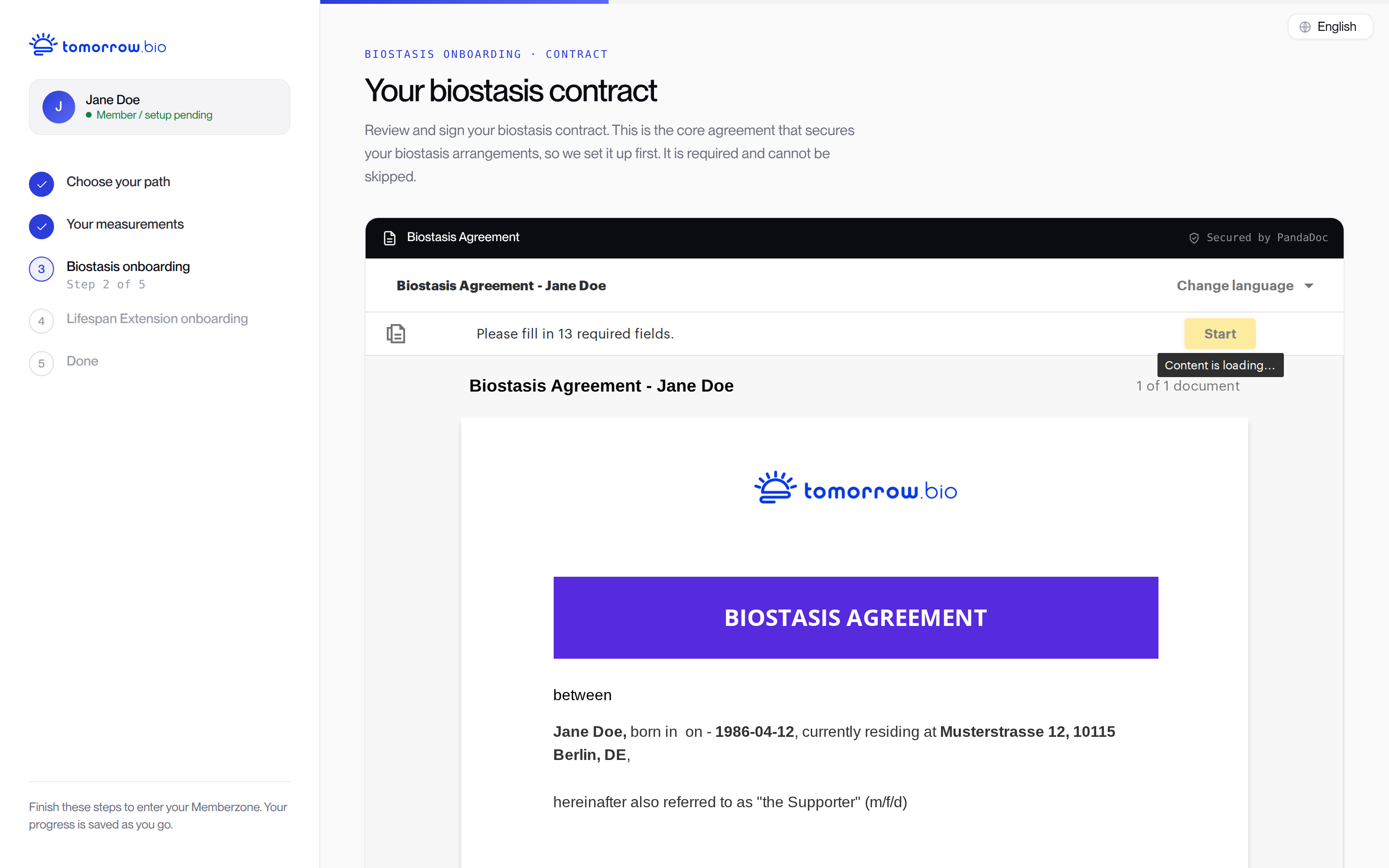 Memberzone onboarding: review and sign the Biostasis Contract in PandaDoc